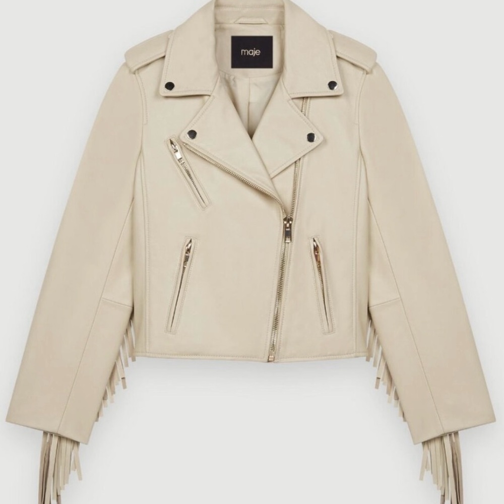 Maje Cream Cropped Leather Jacket with Fringe